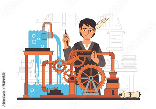 蒸気機関の仕組みを操作している少年のイラスト。ギアとパイプが複雑に連結されている。
