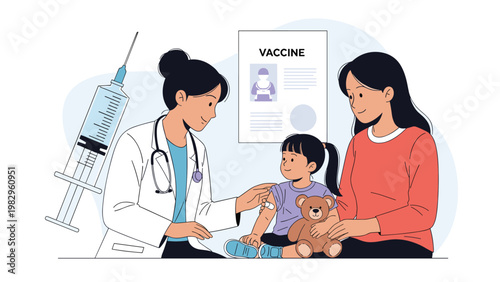Female doctor preparing to administer a vaccine to a young girl sitting on her mother's lap and holding a brown teddy bear.