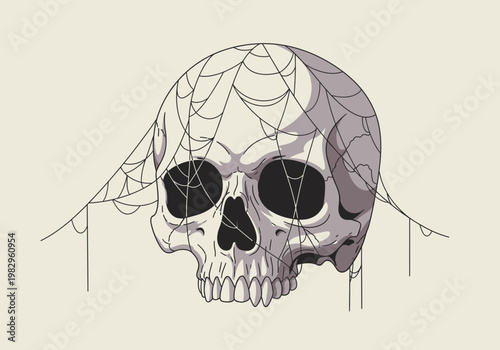 蜘蛛の巣に絡まった骸骨のイラストで、ホラーや死のテーマを表現しているデザインです。