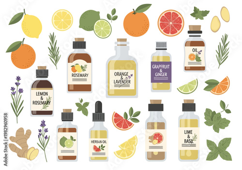 複数のハーブオイルと柑橘類のイラストが並ぶ、自然素材をテーマにしたデザインです。