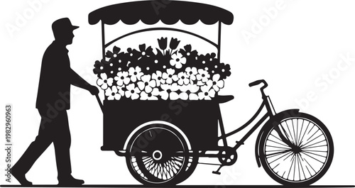 Black silhouette flower vendor, bicycle cart, city market icon, vector illustration