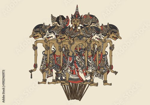 複数の神々の姿を持つ伝統的なタイの人形の集合体、詳細な衣装と表情が特徴的です。