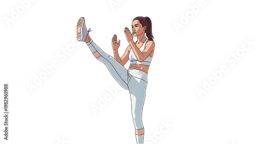 Woman wearing workout gear performs a high kick on a transparent background PNG