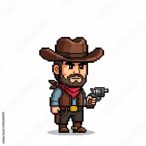 西部風の男キャラクターが帽子と銃を持ち、レトロなドット絵スタイルで描かれている。