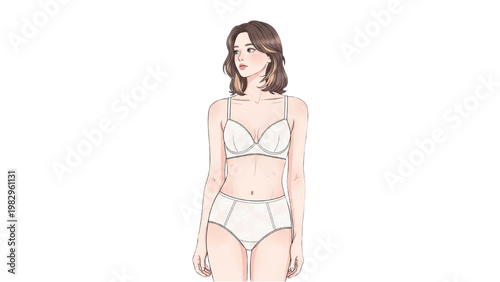 Illustration of woman wearing white lingerie standing alone on transparent background PNG