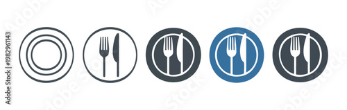Circle dining icons featuring fork and knife silhouettes for restaurant location markers and food service.