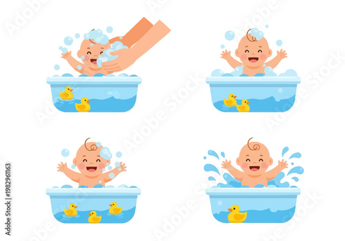 赤ちゃんがバスタブで遊びながらお風呂に入っている様子。黄色いゴムのアヒルのおもちゃと泡が見える。