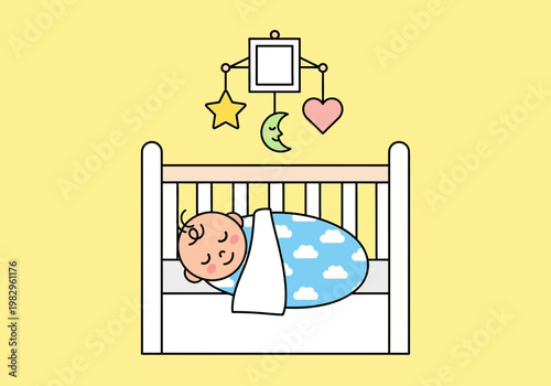 赤ちゃんがベビーベッドで眠っている様子。天井には星やハートの飾りが吊るされている。