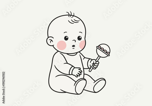 赤ちゃんが座って、おもちゃのスプーンを持ち、興味を持って見つめているシンプルなイラストです。