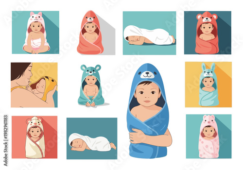 赤ちゃんが動物の着ぐるみを着ている様子や寝ているシーンのイラストです。