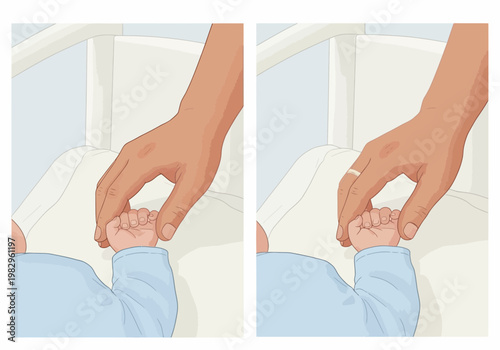 赤ちゃんの手を優しく握る大人の手のイラストで、温かさとケアを表現している。