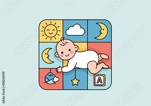 赤ちゃんが遊びながら寝る前のリラックスタイムを楽しんでいる様子を描いたイラストです。