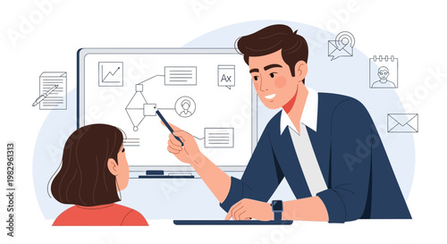 Business meeting: man explaining flowchart on whiteboard to colleague, teamwork, strategy