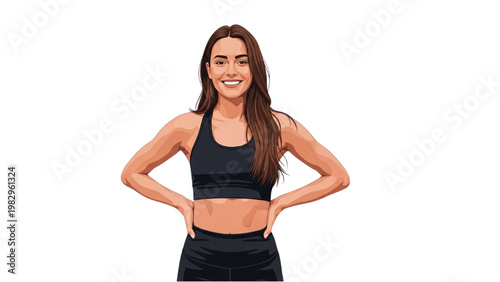 A smiling woman in black sportswear standing with hands on hips transparent background PNG