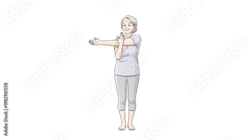 Woman stretches arms while standing in casual outfit on transparent background PNG