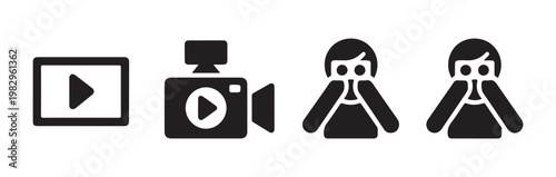 Icons for video playback and recording alongside shocked person expressions, showing surprise or fear.