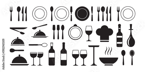 Assortment of food and kitchen related icons in black silhouette on transparent background.
