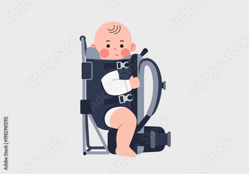 車椅子に座る赤ちゃんのイラストで、笑顔を浮かべている様子が描かれています。