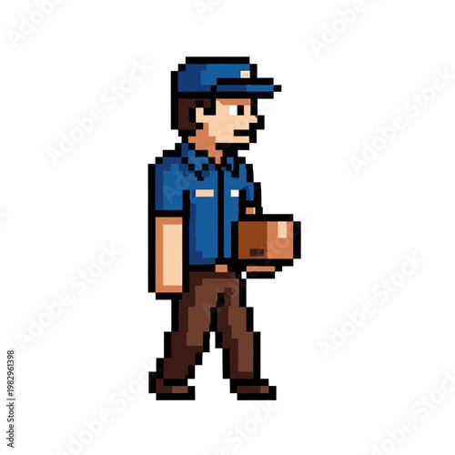 配達員の男性が荷物を持ち歩きながら歩いているピクセルアートのキャラクターです。