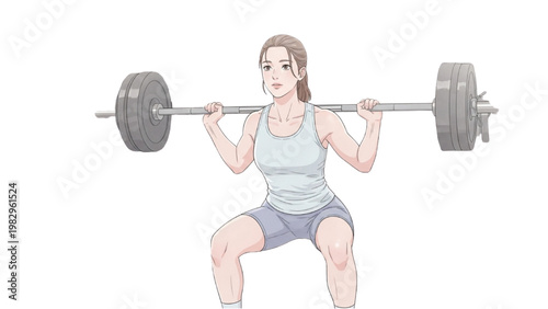Woman doing squats with heavy barbell transparent background PNG