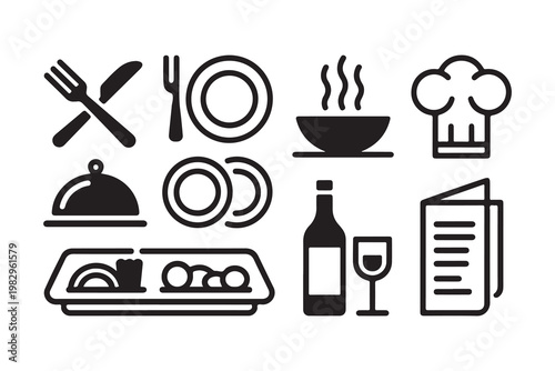 Tableau sur toile Kitchen and restaurant icons set featuring chef hat dining plates wine bottle menu and food service graphics