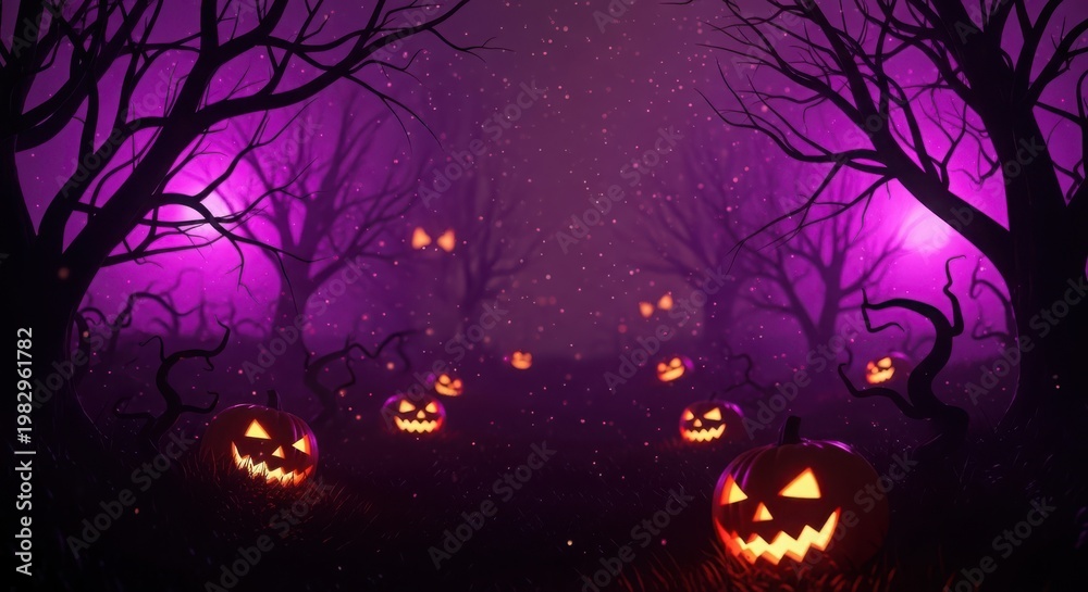 Fototapeta premium Spooky halloween forest with glowing jackolanterns and eerie purple light