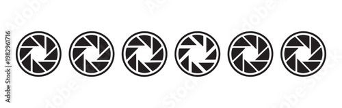 Six circular camera aperture diaphragm icons showing varying blade arrangements for light control.