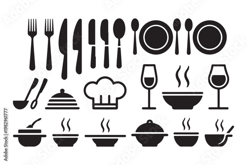 Extensive culinary icons set with various silverware plates soup bowls wine glasses and chef hat silhouettes.