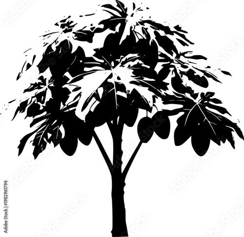 A solitary Papaya tree stands tall against an immaculate white background, its deep lobed leaves and large green fruits illuminated by bright studio lighting in a highly detailed, photorealistic