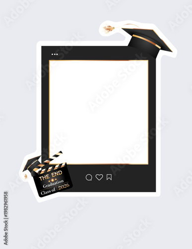 Graduation photo frame. Vector black frame with graduation cap.