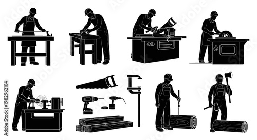 Silhouette illustrations of people working with tools and machinery in workshop.