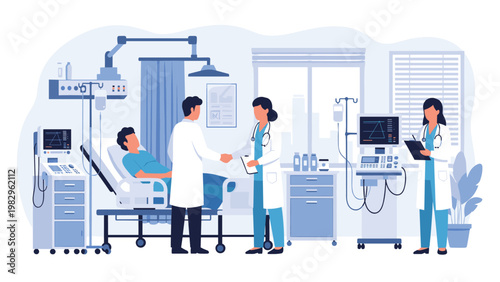 Team of medical professionals discussing a patient's condition in a modern hospital room filled with advanced equipment.
