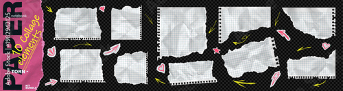 Torn ripped notebook square grid papers teture with cut sheets collage piece. Realistic blank tear edge effect white crumpled math cardboard. Vector scraps set. Yellow arrow pen underline scribble
