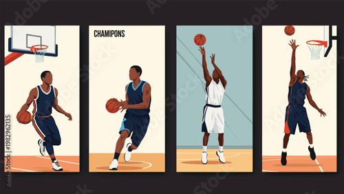 Action-packed montage of basketball players in various poses like shooting, dribbling, and jumping on stylized court backgrounds.