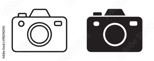 Digital camera outline and filled icons for photography services mobile application and web interface design work.