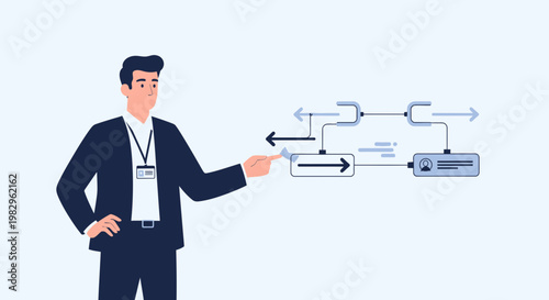 Businessman pointing at flowchart, explaining business process and data flow