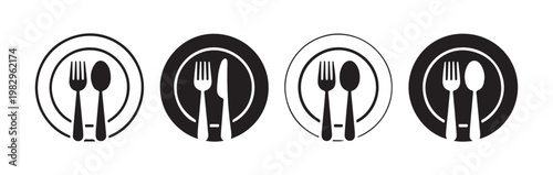 Outline and filled black icons of plate with fork spoon and knife suggesting dining restaurant meal service.