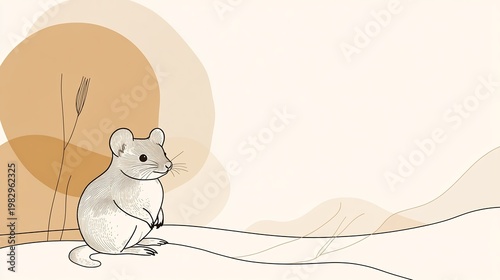 Charming rodent illustration with abstract beige shapes, minimalist design, digital art, sketch style, gentle composition