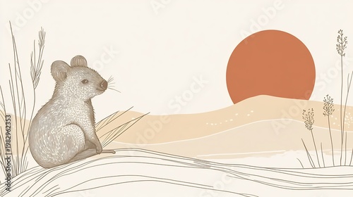 Stylized rodent illustration with large sun and minimalist landscape, digital art, serene and peaceful