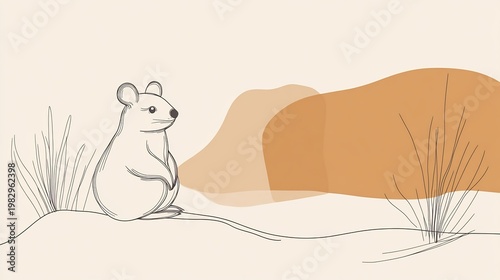 Stylized rodent illustration with abstract landscape, minimalist design, warm color palette, digital art, sketch style