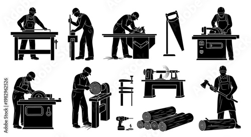 Silhouette illustrations of workers with tools and machinery in workshop settings.