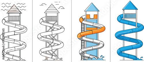 Colorful playground slides and mountain landscape icon set with water slide towers outdoor recreation elements flat illustration collection