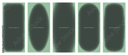 Sage green dither halftone pattern set, vertical 9:20 vector vignette frames and backgrounds. Varied retro 8-bit bitmap texture design bundle for mobile app UI, social media stories, and tech projects