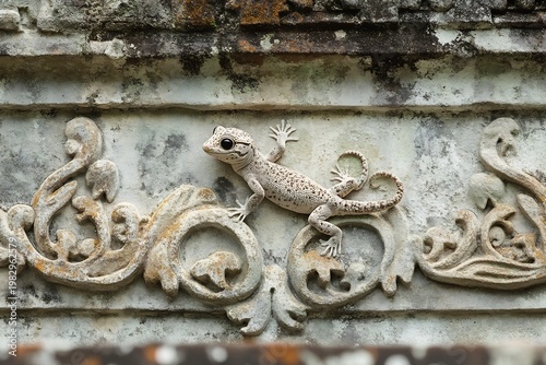 Lizard on ornate stone carving, detailed texture, natural light, architectural detail, wildlife, close-up view