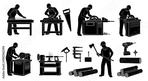 Silhouette illustrations of people working with tools and machinery in a workshop.