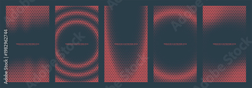 Red halftone triangle pattern set, vertical geometric backgrounds and frames in 9:16 aspect ratio. Abstract triangular grid textures for social media stories, reels and mobile applications design