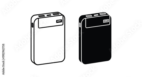 Two portable power banks depicted in a stark black and white silhouette