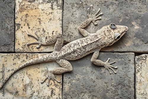 Textured lizard sculpture on stone wall, detailed reptile art, neutral tones, minimalist design, captivating animal form
