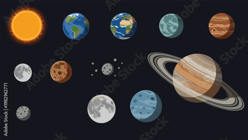 Educational illustration of the sun and major planets of our solar system including Earth, Mars, Jupiter, and Saturn in space.