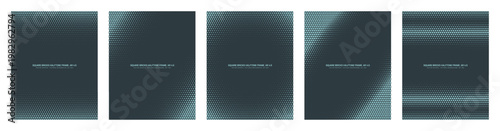 Cyan square halftone pattern set, vertical vector frames in 4:5 aspect ratio. Abstract modern geometric bricks grid, diagonal and radial dotted texture bundle for social media and tech design projects